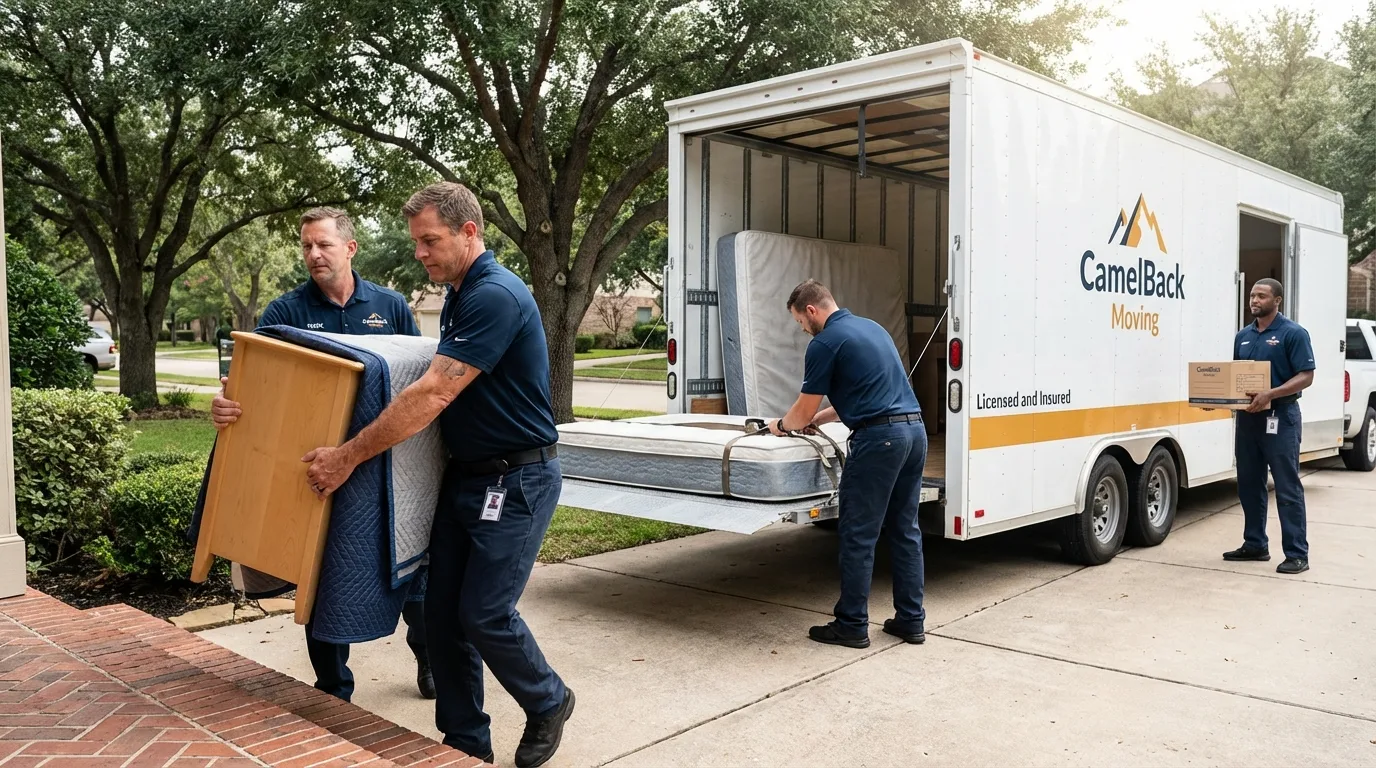 Crew loading residential truck for cross-state move from Kingfield, ME