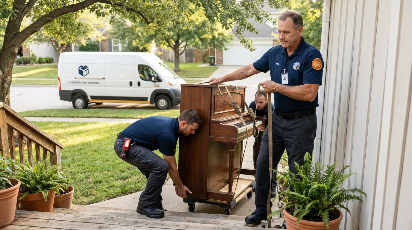 Licensed piano movers securing grand piano in Kingfield, ME