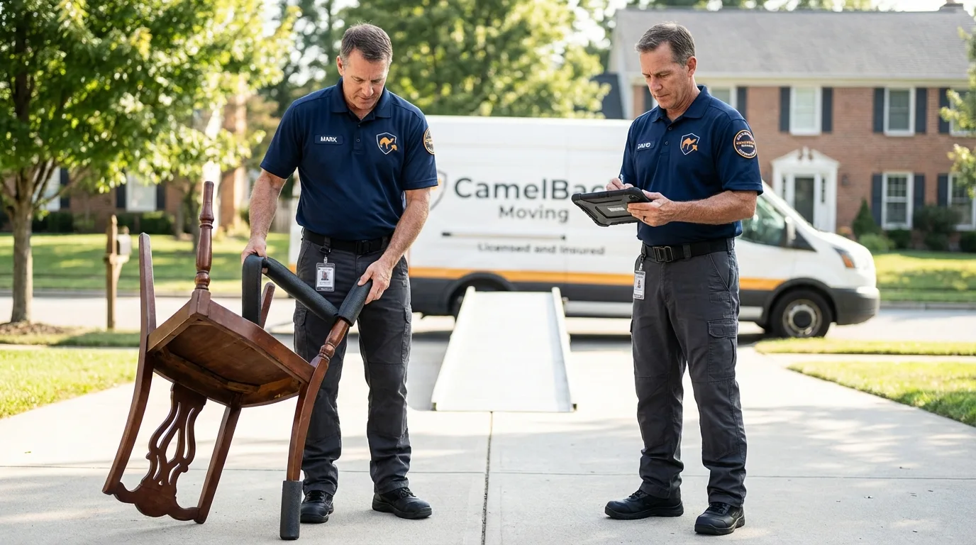 Movers inspecting furniture for damage prevention before loading in Kingfield, ME