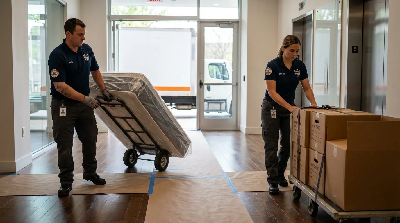 Professional apartment movers loading elevator in Kingfield, ME