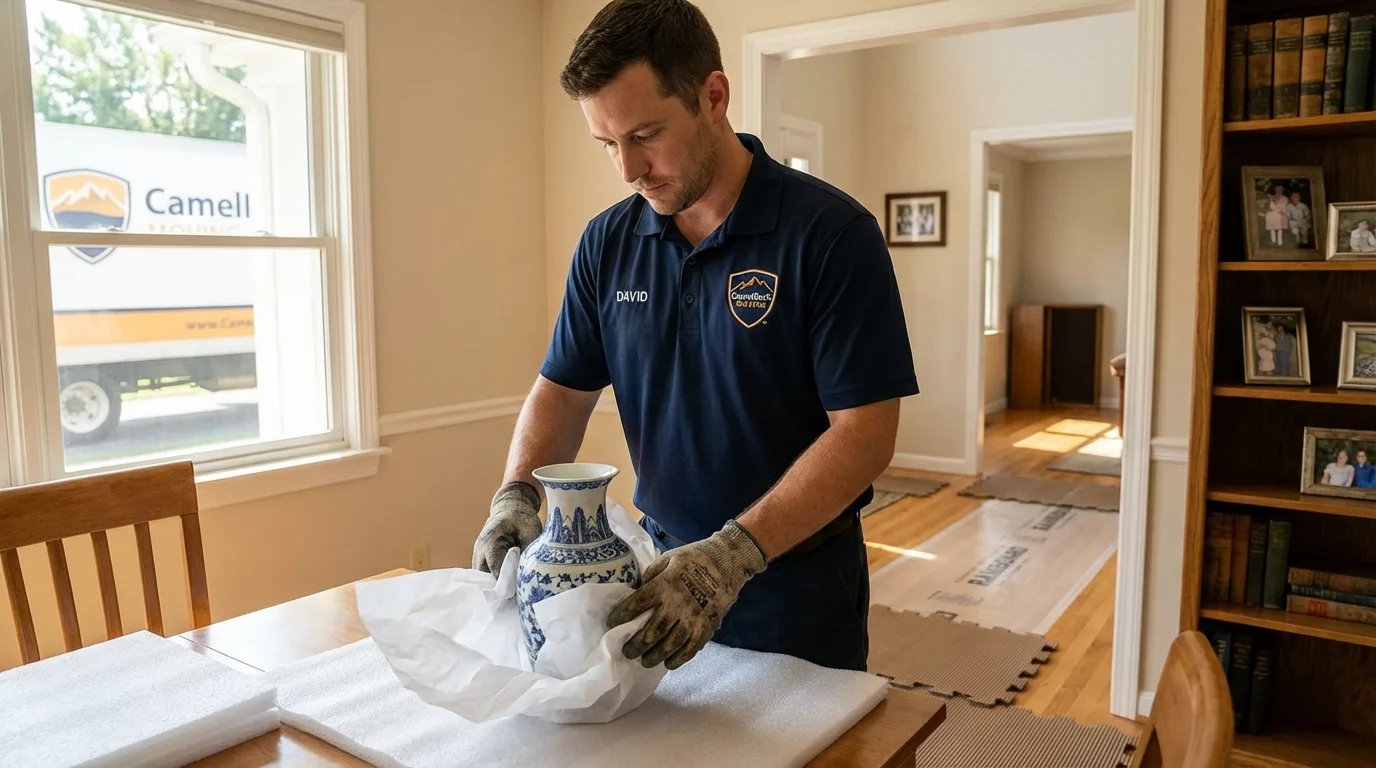 Professional crew carefully wrapping antique vase for senior downsizing move in Kingfield, ME