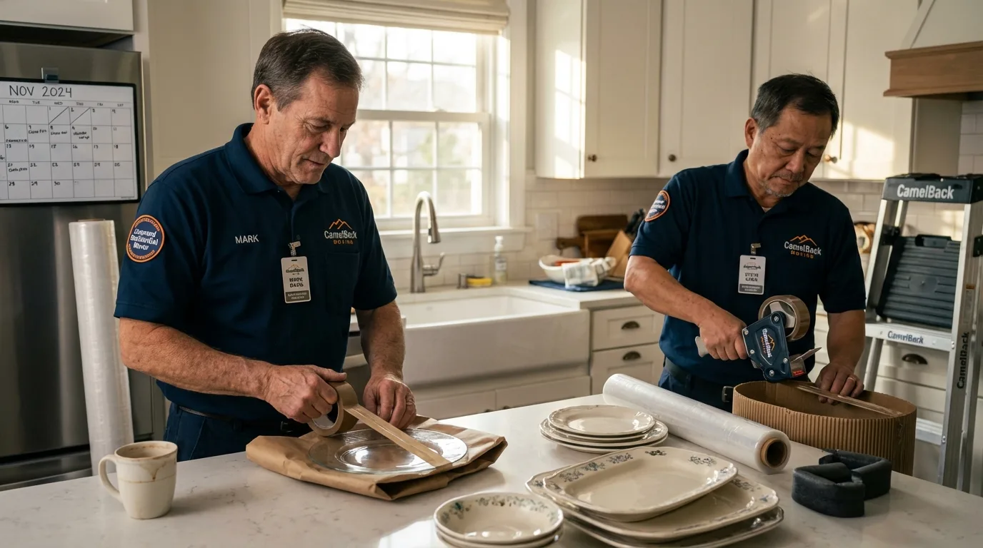 Professional crew packing kitchen dishware in Kingfield, ME